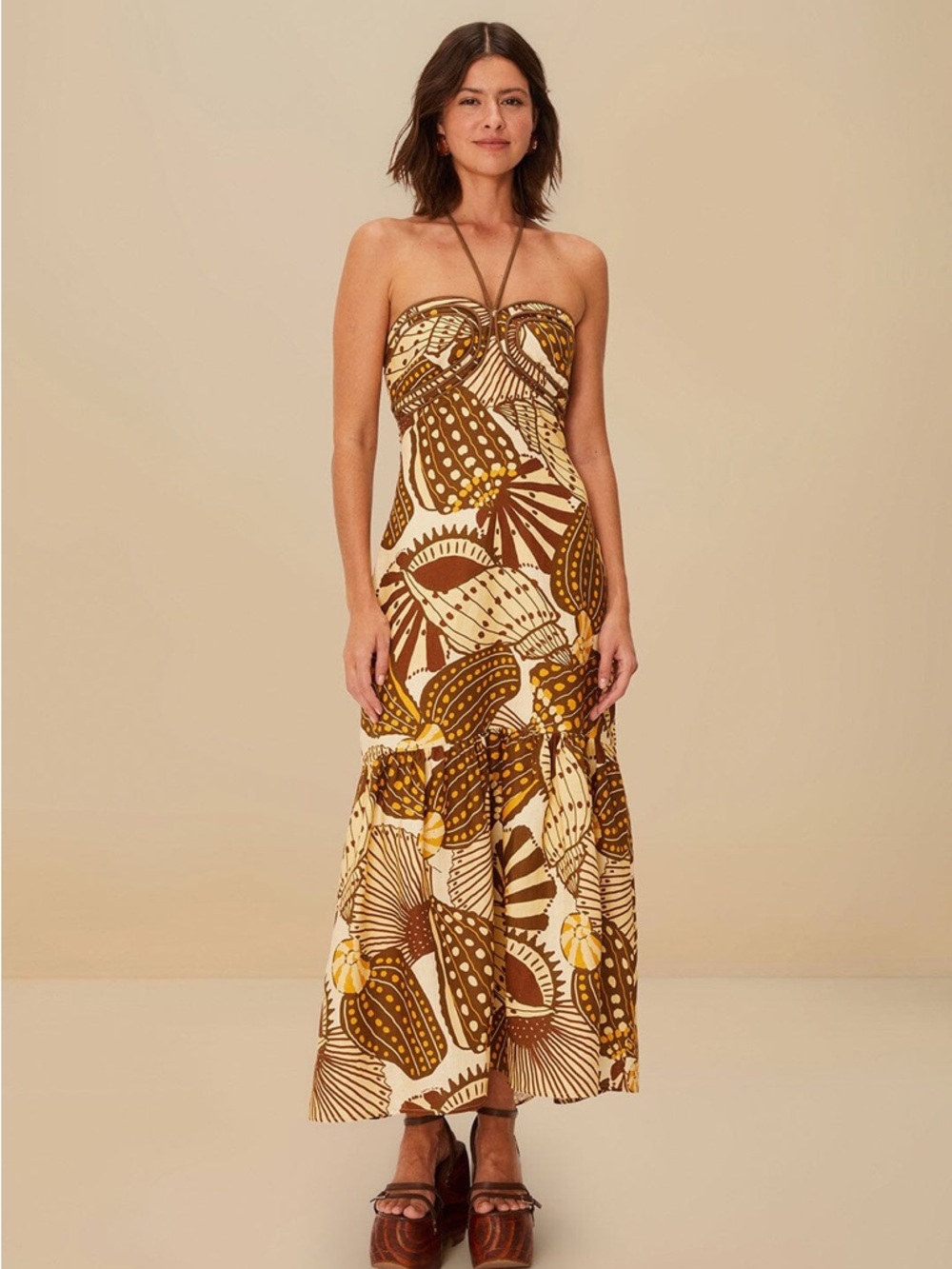 $385 FARM Rio Halter Cream and Brown Botanical Print Maxi Dress Shell Beach XS